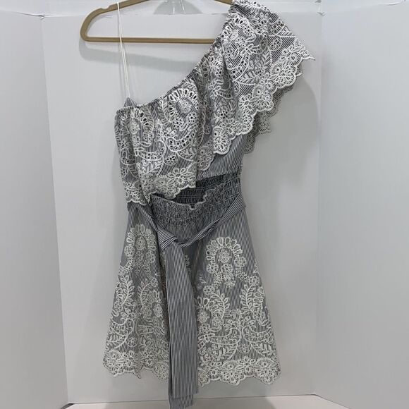 Saylor Grey & White Pinstripe One Shoulder Mini Dress Size Small - Picture 13 of 14